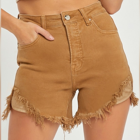 RISEN Cutoff High Rise Waist Distressed Moca Denim Frayed Mid-length Jean Shorts - Picture 7 of 16